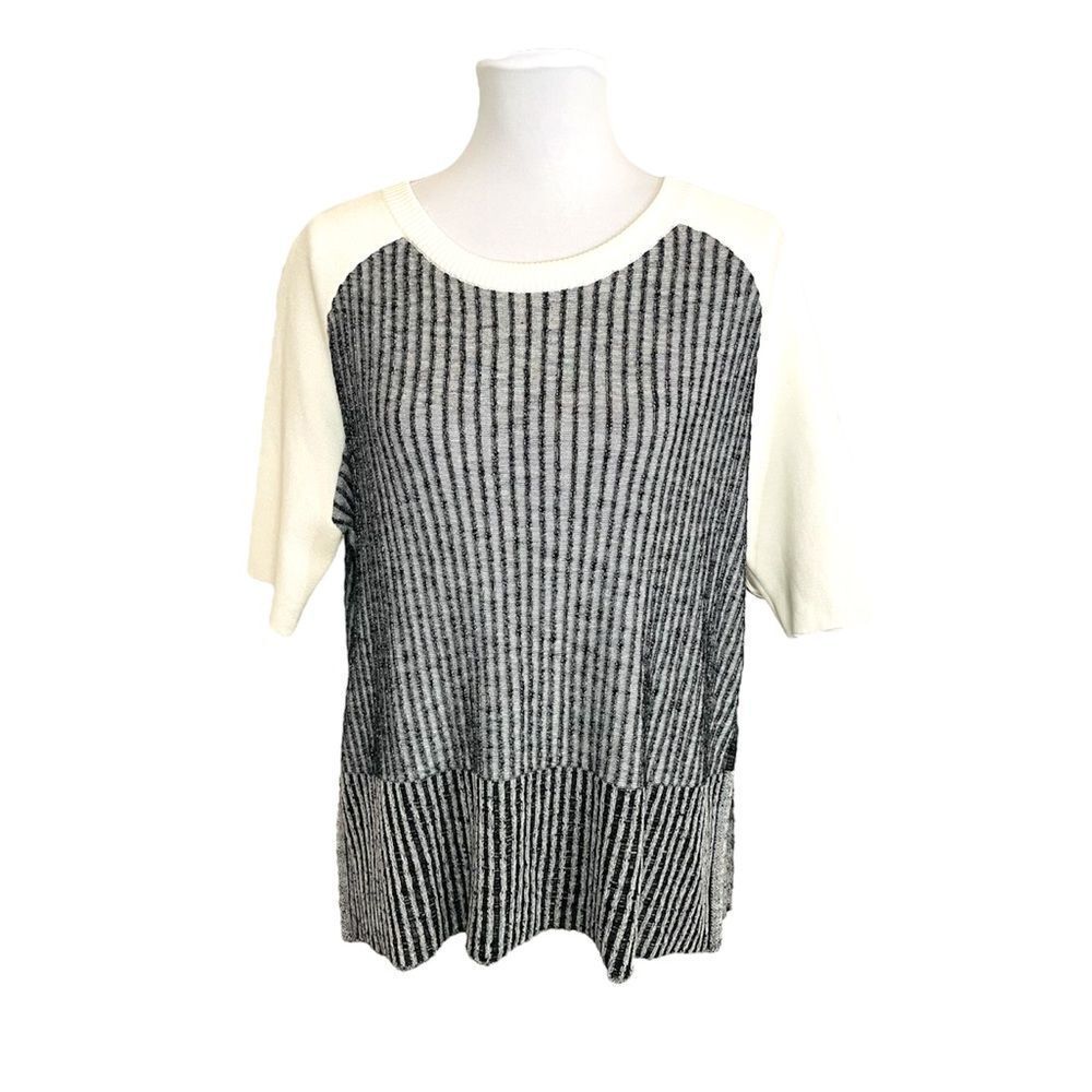 White + Warren Ribbed Crewneck Oversize 3/4 Sleeve Black and White Sweater size